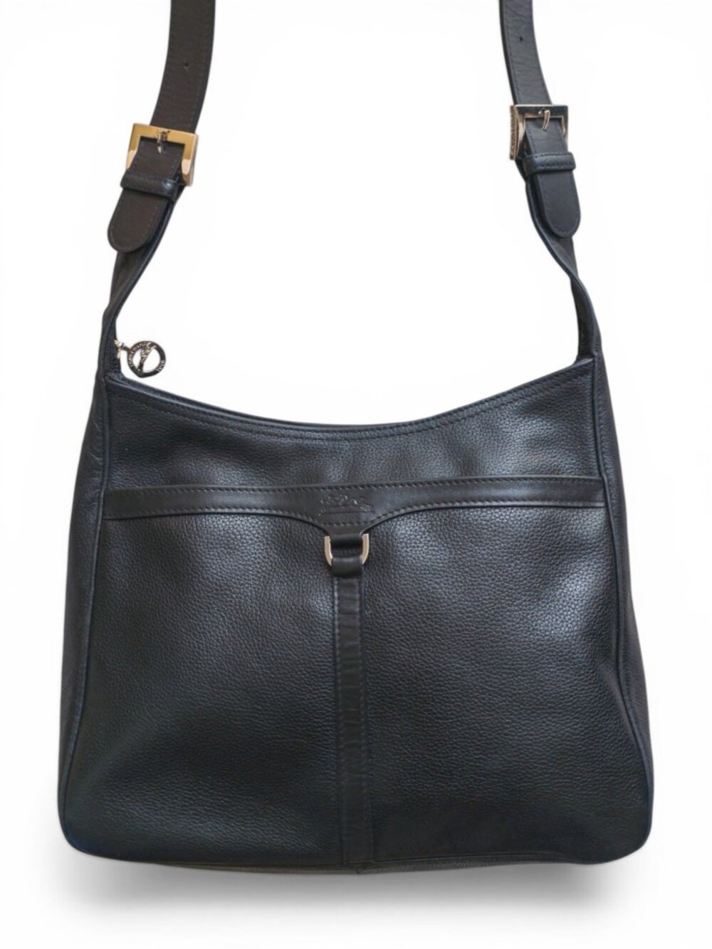 Longchamp Black Leather Shoulder Bag Adjustable Strap Zip